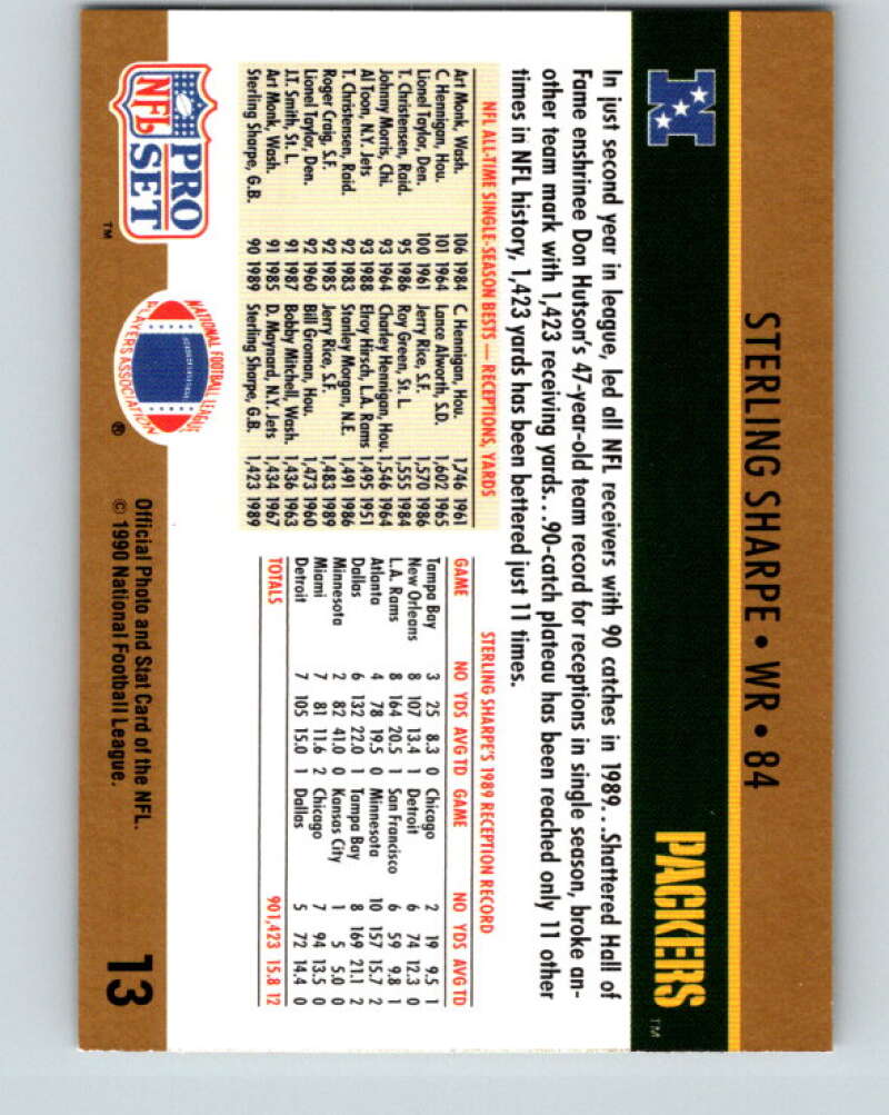1990 Pro Set #13 Sterling Sharpe Mint Green Bay Packers Image 2