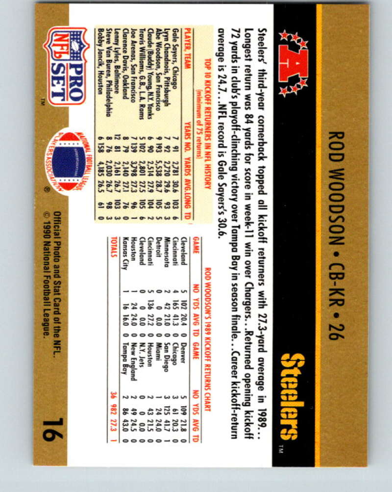 1990 Pro Set #16 Rod Woodson Mint Pittsburgh Steelers Image 2