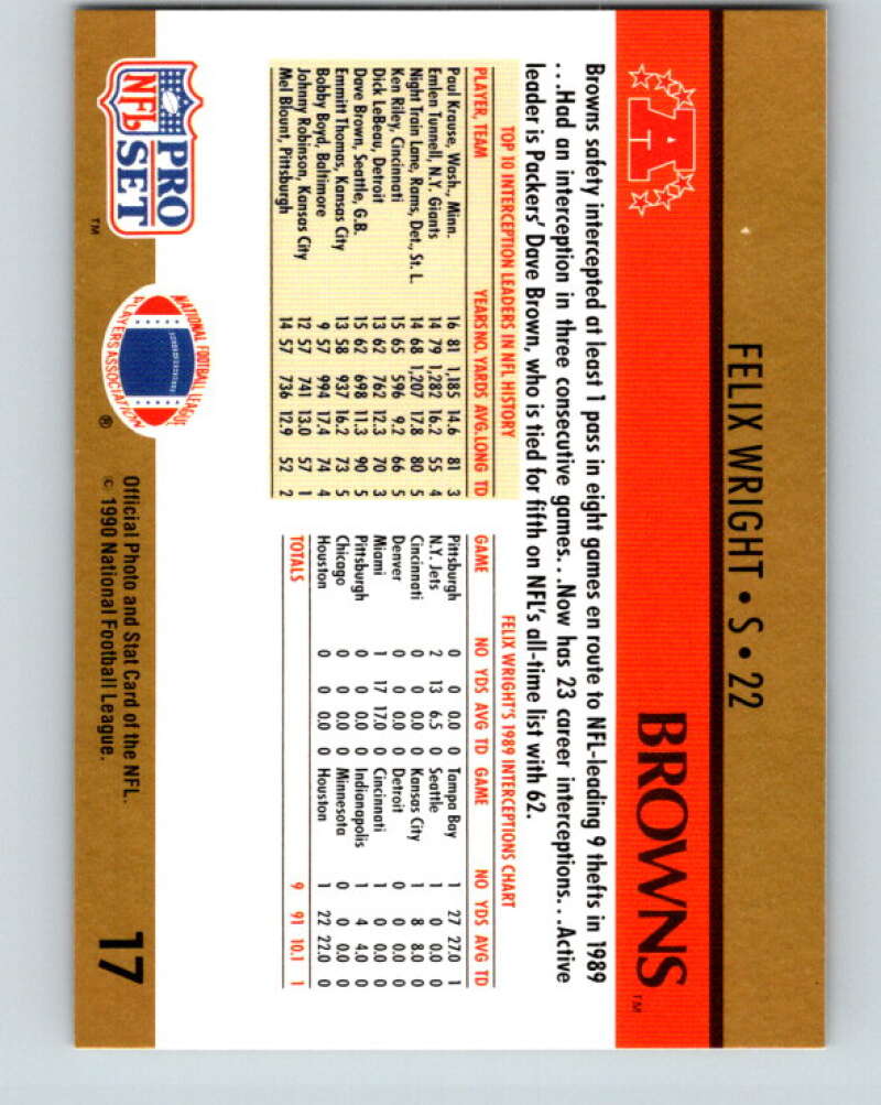 1990 Pro Set #17 Felix Wright Mint Cleveland Browns Image 2