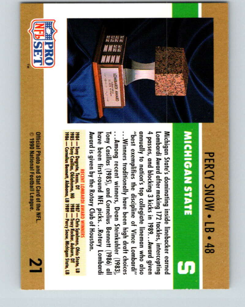 1990 Pro Set #21 Percy Snow Mint RC Rookie Michigan State Spartans Image 2