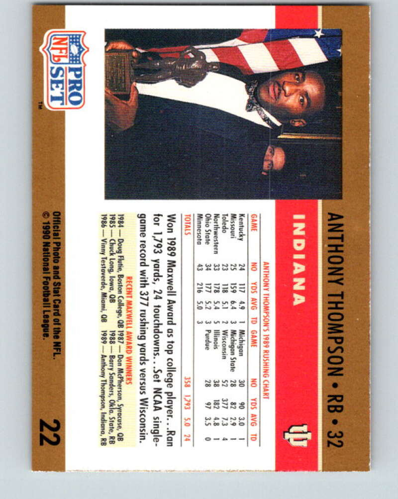 1990 Pro Set #22 Anthony Thompson Mint RC Rookie Indiana Hoosiers Image 2
