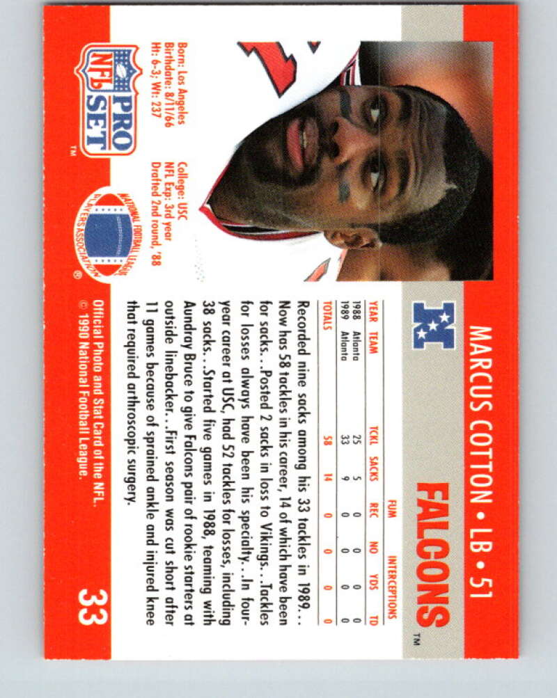 1990 Pro Set #33 Marcus Cotton Mint Atlanta Falcons Image 2