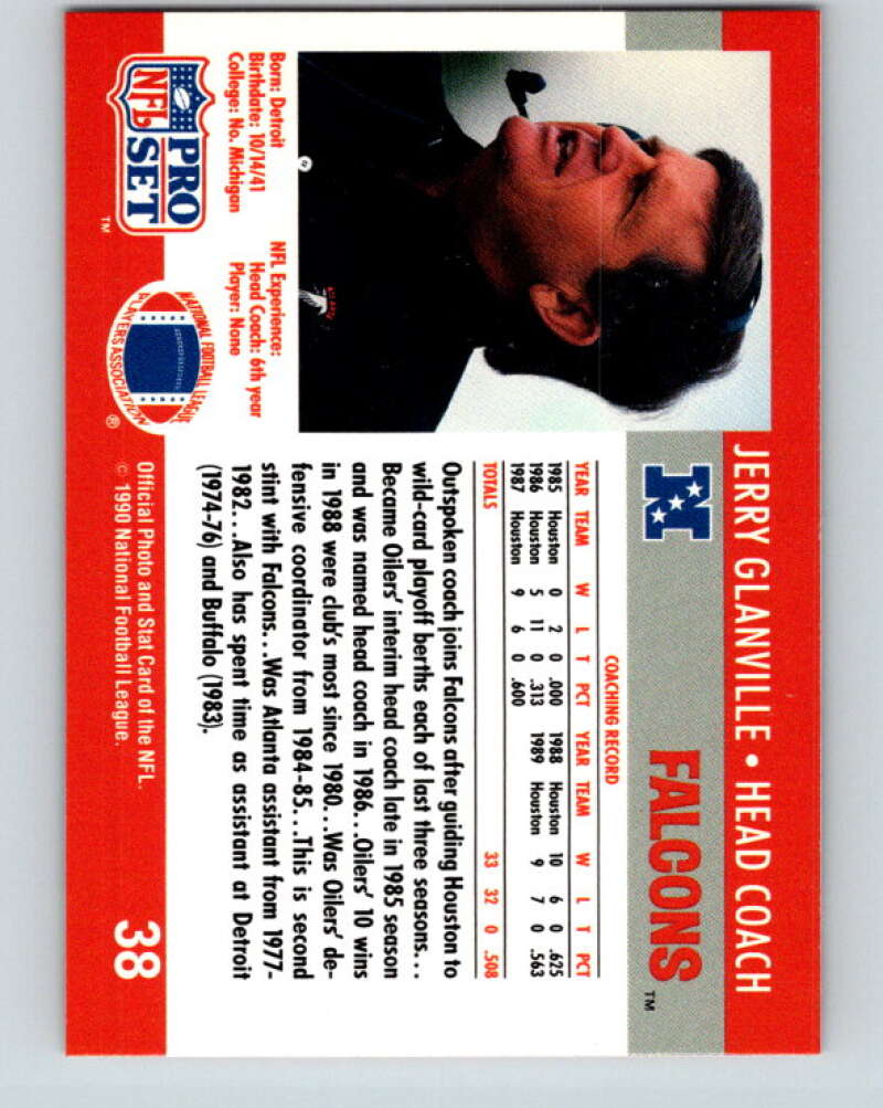 1990 Pro Set #38 Jerry Glanville Mint Atlanta Falcons Image 2