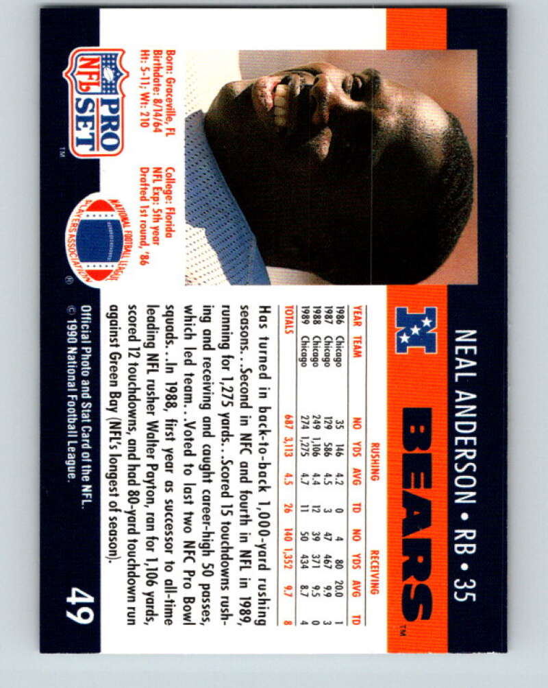 1990 Pro Set #49 Neal Anderson Mint Chicago Bears Image 2