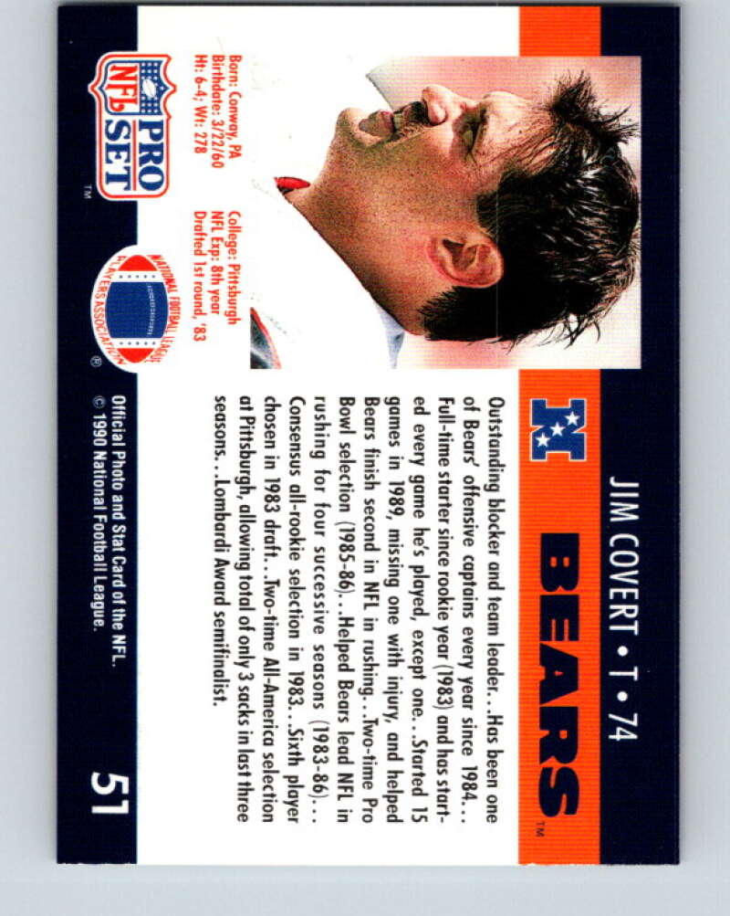 1990 Pro Set #51 Jim Covert Mint Chicago Bears Image 2