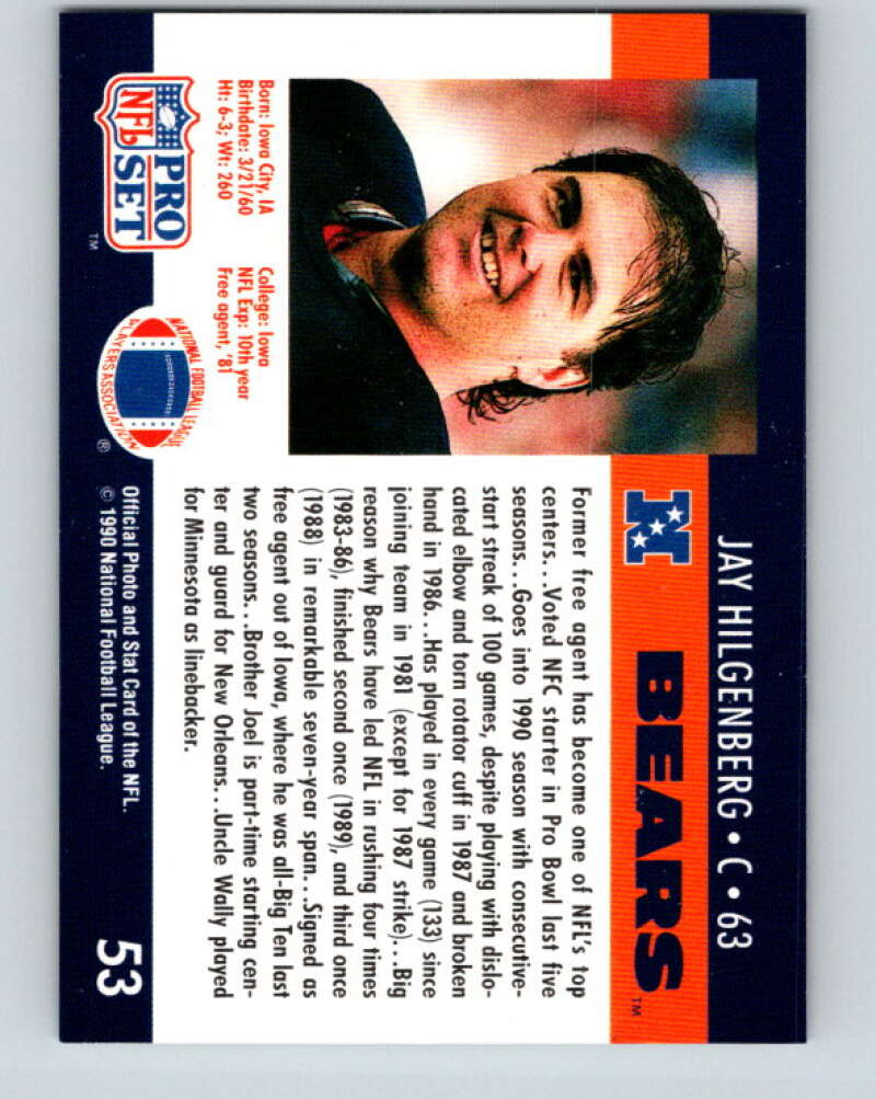 1990 Pro Set #53 Jay Hilgenberg Mint Chicago Bears Image 2