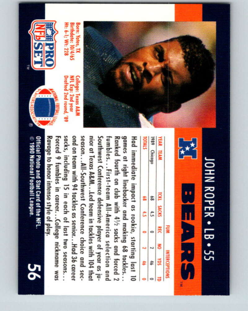1990 Pro Set #56 John Roper Mint RC Rookie Chicago Bears Image 2