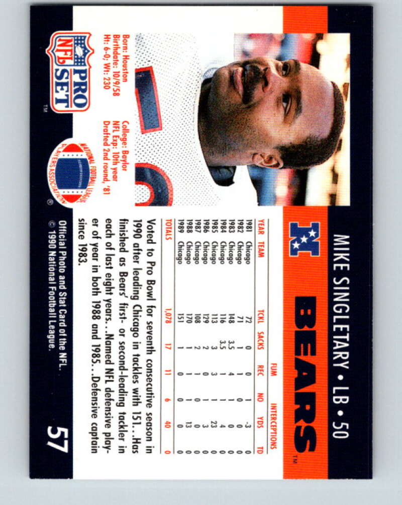 1990 Pro Set #57 Mike Singletary Mint Chicago Bears Image 2