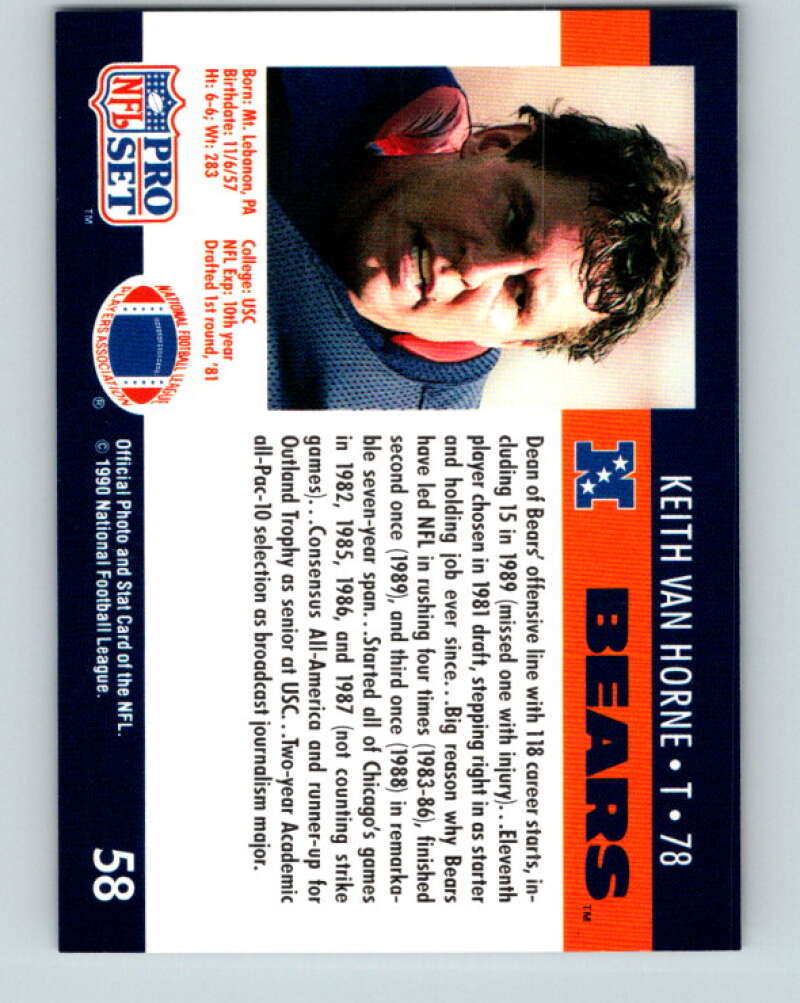 1990 Pro Set #58 Keith Van Horne Mint Chicago Bears Image 2