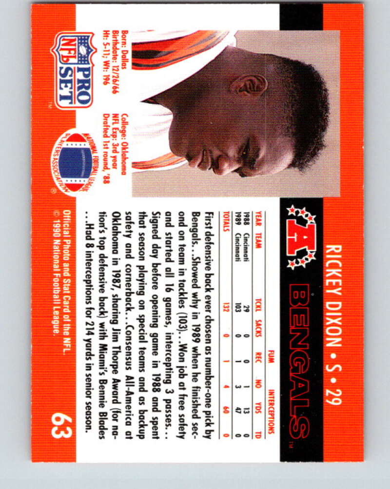 1990 Pro Set #63 Rickey Dixon Mint RC Rookie Cincinnati Bengals Image 2