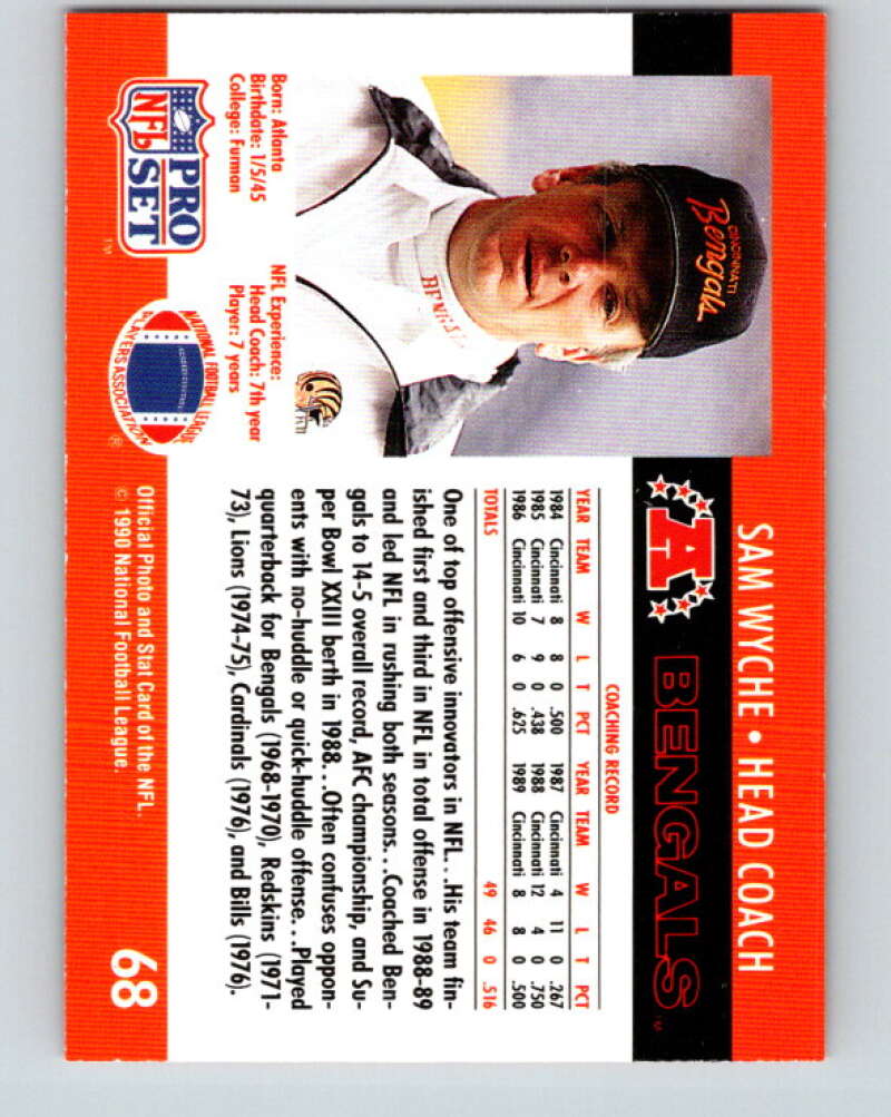 1990 Pro Set #68 Sam Wyche Mint Cincinnati Bengals Image 2