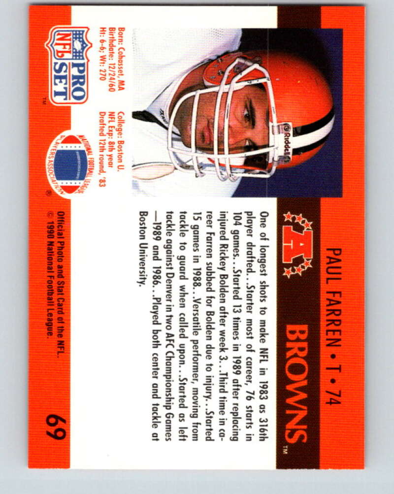 1990 Pro Set #69 Paul Farren Mint RC Rookie Cleveland Browns Image 2