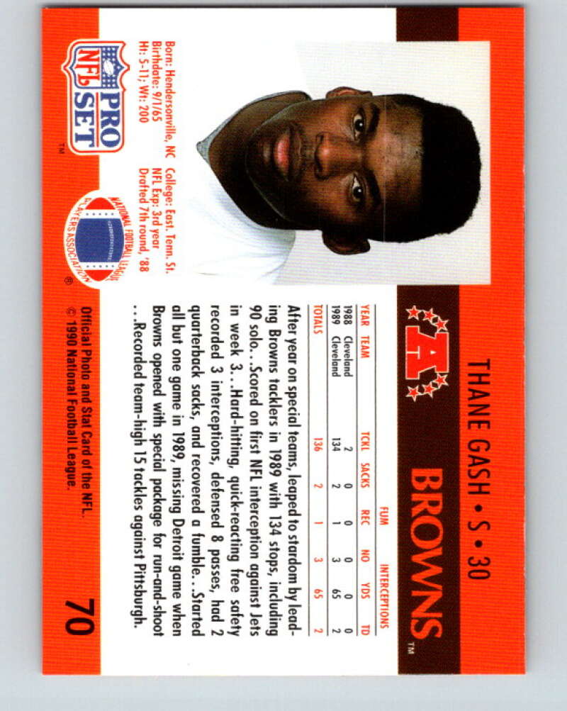 1990 Pro Set #70 Thane Gash Mint RC Rookie Cleveland Browns Image 2
