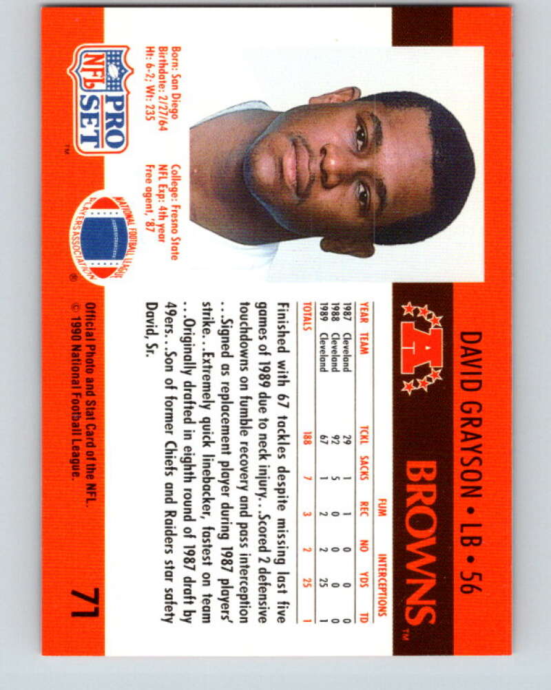 1990 Pro Set #71 David Grayson Mint Cleveland Browns Image 2