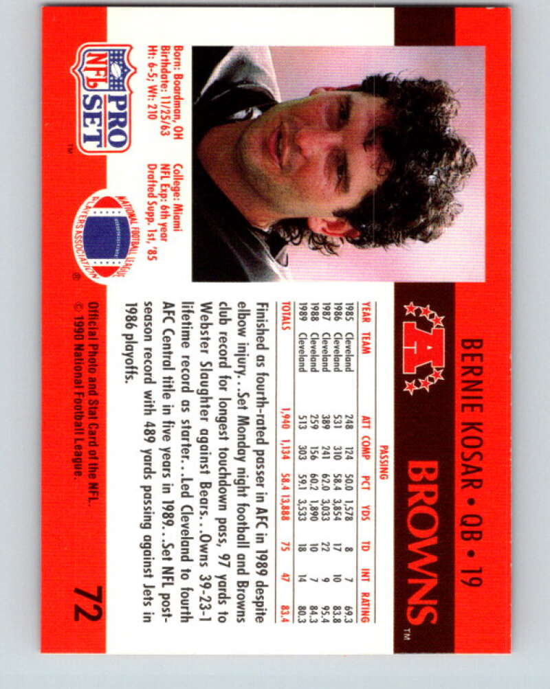 1990 Pro Set #72 Bernie Kosar Mint Cleveland Browns Image 2