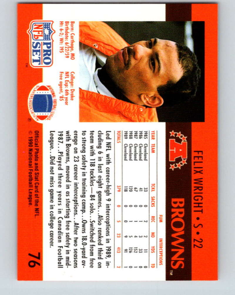 1990 Pro Set #76 Felix Wright Mint Cleveland Browns Image 2