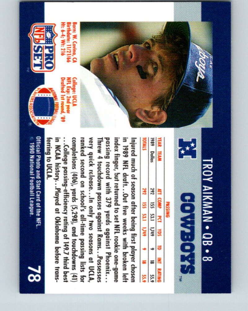 1990 Pro Set #78 Troy Aikman Mint Dallas Cowboys Image 2
