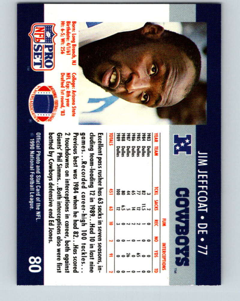 1990 Pro Set #80 Jim Jeffcoat Mint Dallas Cowboys Image 2