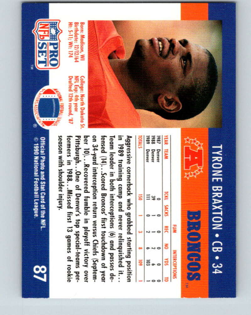 1990 Pro Set #87 Tyrone Braxton Mint Denver Broncos Image 2