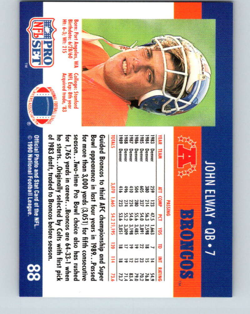 1990 Pro Set #88 John Elway Mint Denver Broncos Image 2