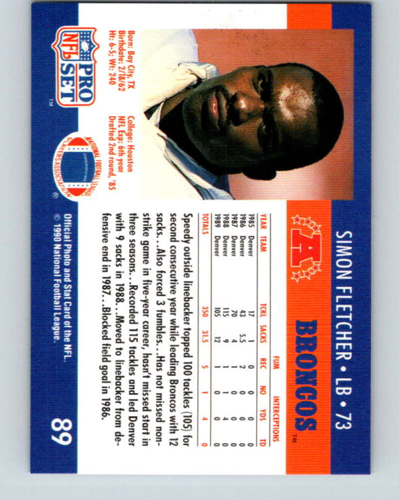 1990 Pro Set #89 Simon Fletcher Mint Denver Broncos Image 2