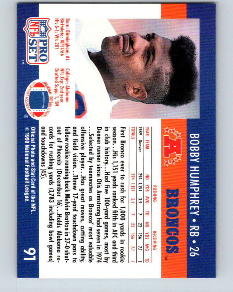 1990 Pro Set #91 Bobby Humphrey Mint Denver Broncos Image 2
