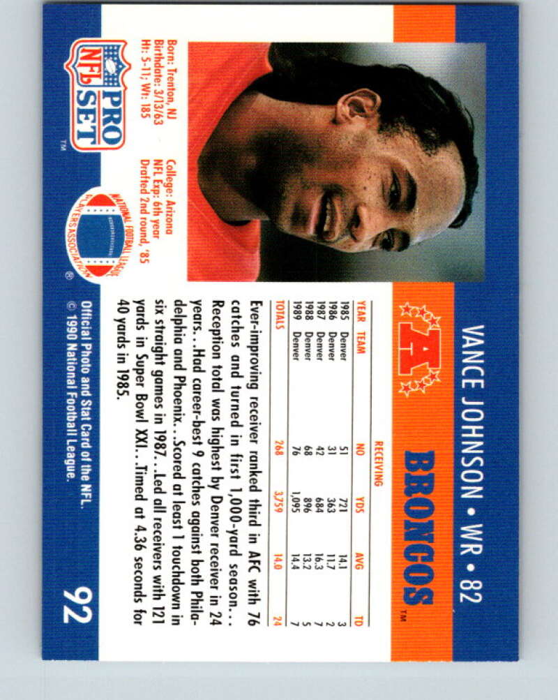 1990 Pro Set #92 Vance Johnson Mint Denver Broncos Image 2