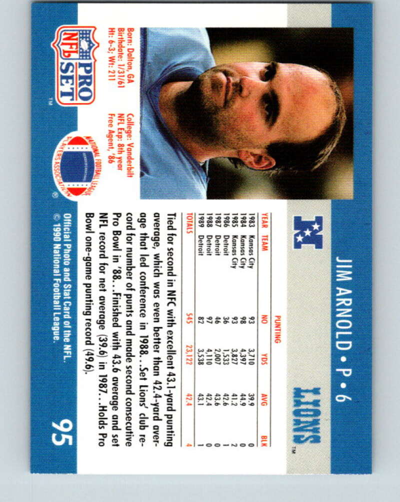 1990 Pro Set #95 Jim Arnold Mint Detroit Lions Image 2