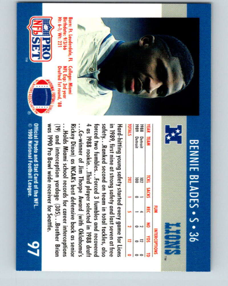 1990 Pro Set #97 Bennie Blades Mint Detroit Lions Image 2