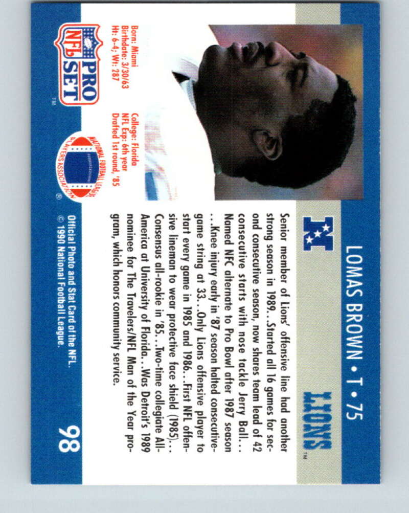 1990 Pro Set #98 Lomas Brown Mint Detroit Lions Image 2