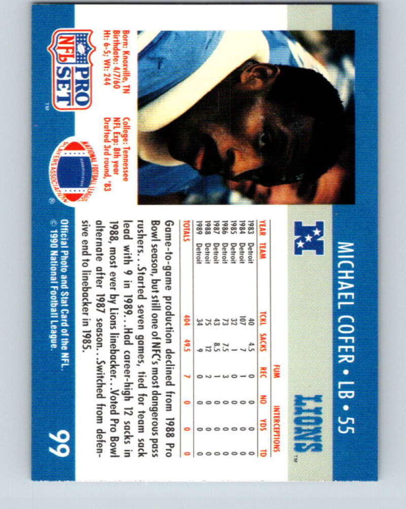 1990 Pro Set #99 Michael Cofer Mint Detroit Lions Image 2