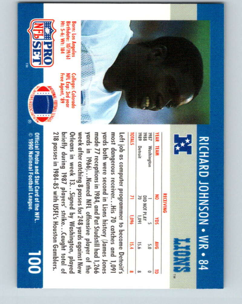 1990 Pro Set #100 Richard Johnson Mint Detroit Lions Image 2