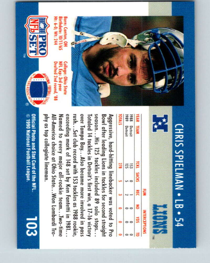 1990 Pro Set #103 Chris Spielman Mint Detroit Lions Image 2