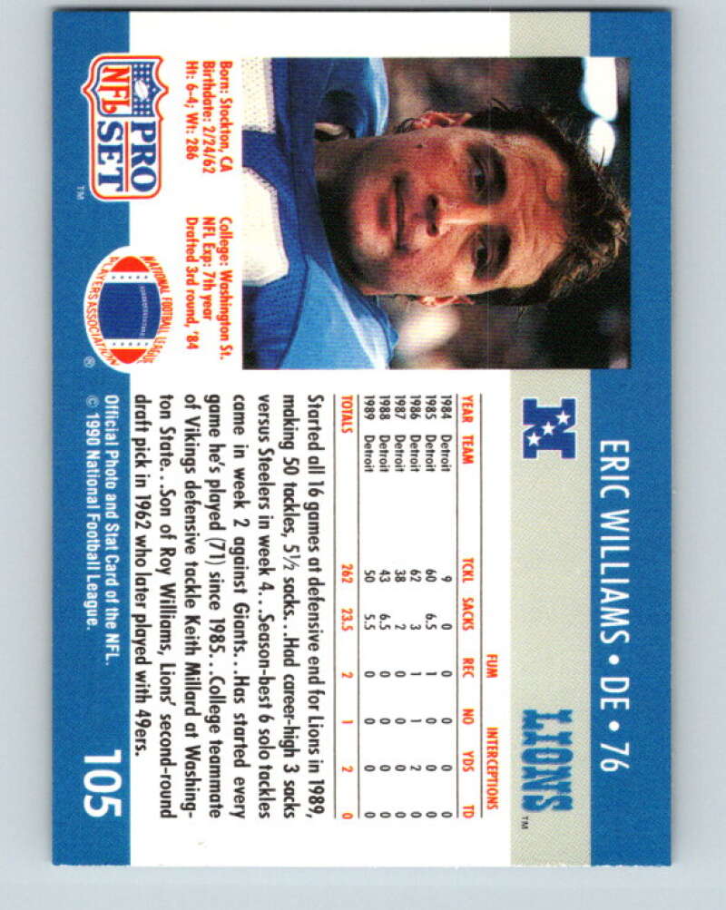 1990 Pro Set #105 Eric Williams Mint RC Rookie Detroit Lions Image 2