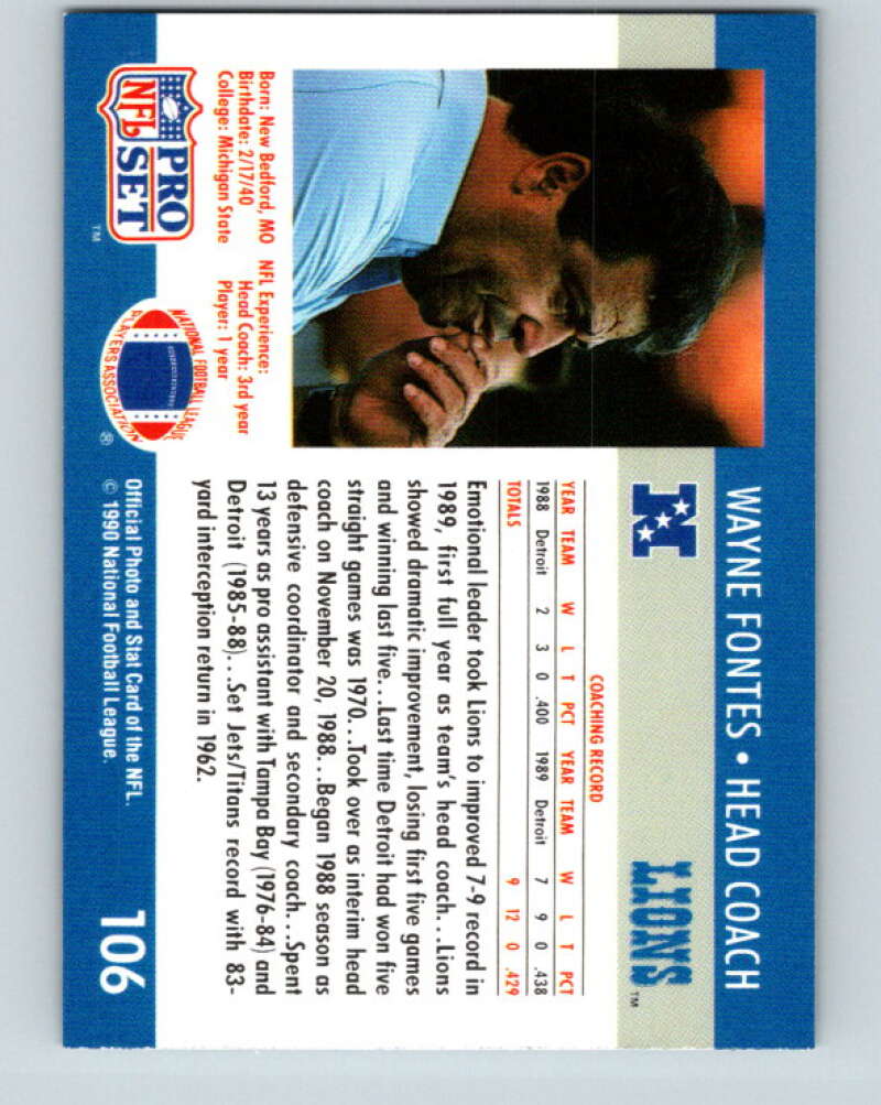 1990 Pro Set #106 Wayne Fontes Mint Detroit Lions Image 2