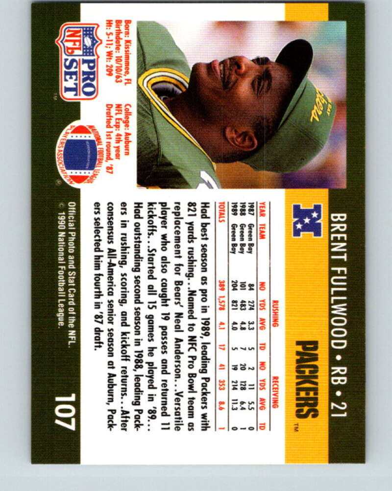 1990 Pro Set #107 Brent Fullwood Mint Green Bay Packers Image 2