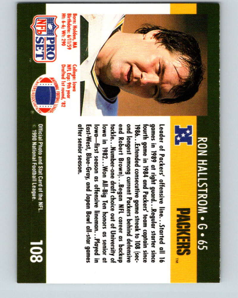 1990 Pro Set #108 Ron Hallstrom Mint RC Rookie Green Bay Packers Image 2