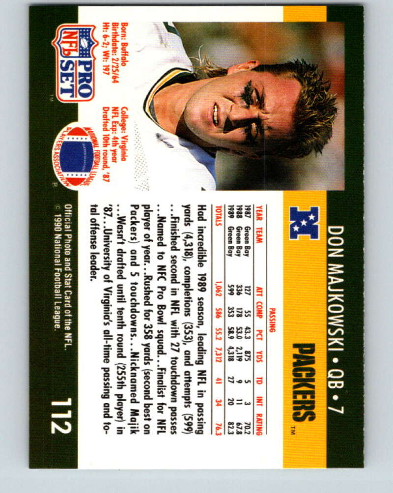 1990 Pro Set #112 Don Majkowski Mint Green Bay Packers Image 2