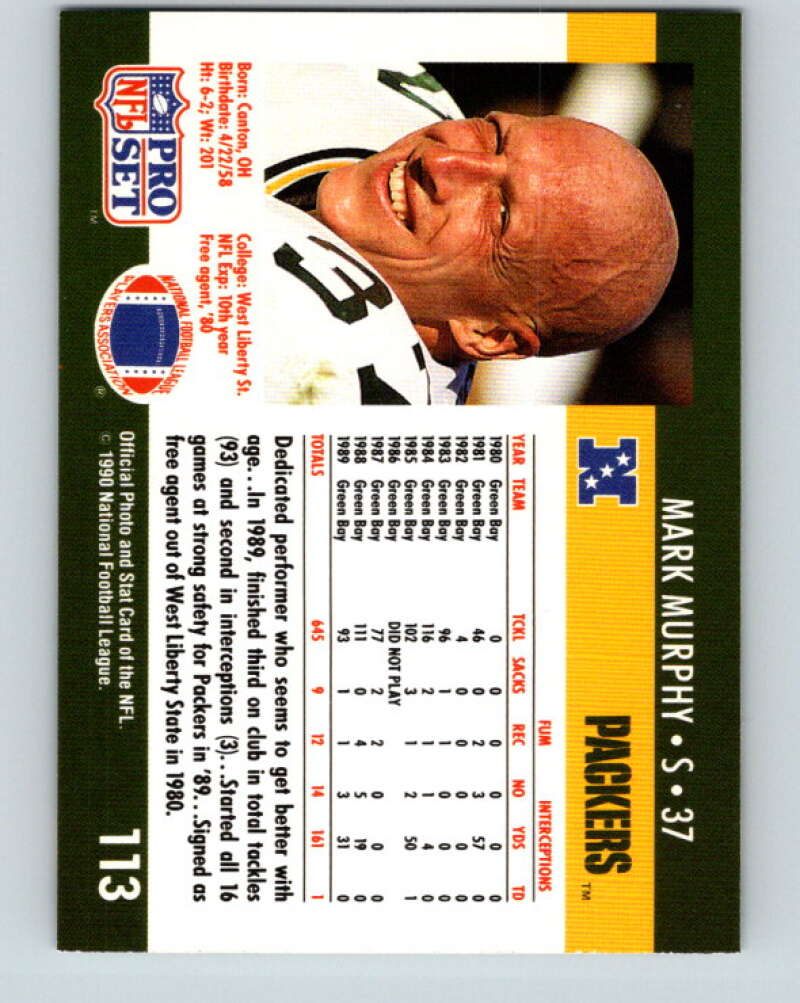 1990 Pro Set #113 Mark Murphy Mint Green Bay Packers Image 2