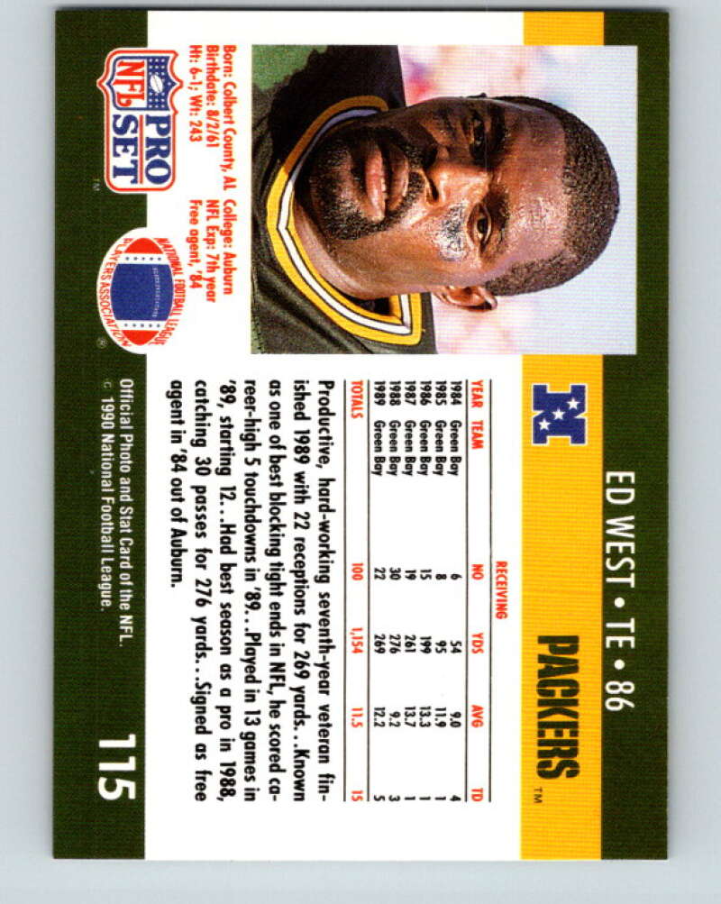 1990 Pro Set #115 Ed West Mint RC Rookie Green Bay Packers Image 2