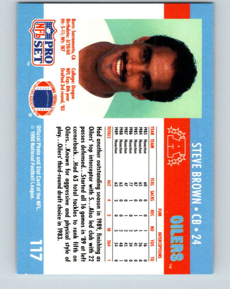 1990 Pro Set #117 Steve Brown Mint Houston Oilers Image 2