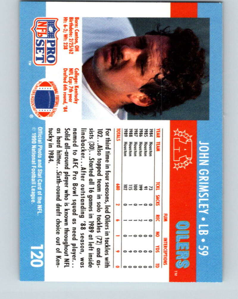 1990 Pro Set #120 John Grimsley Mint Houston Oilers Image 2