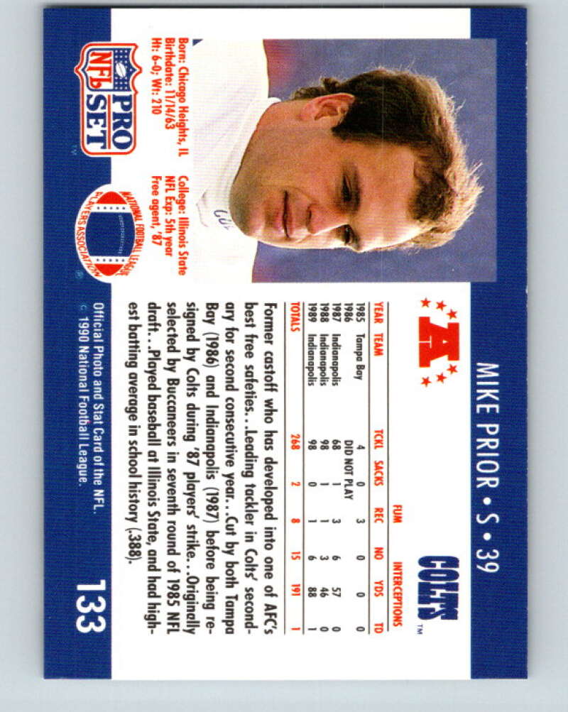 1990 Pro Set #133 Mike Prior Mint Indianapolis Colts Image 2