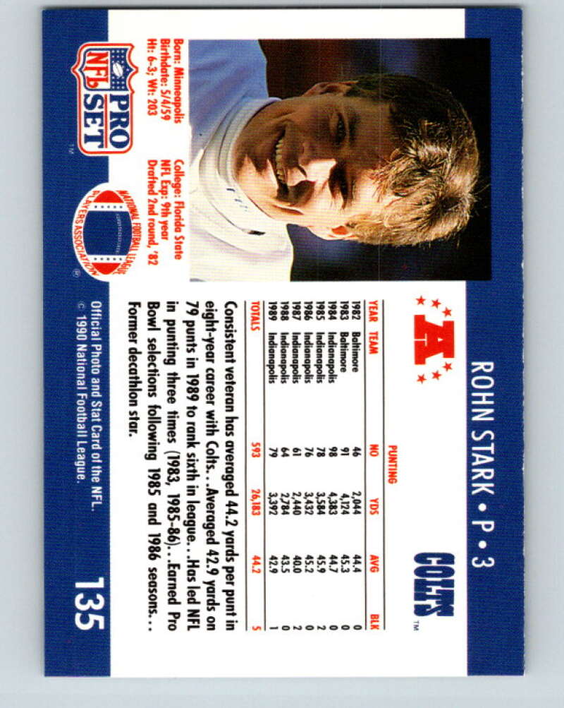 1990 Pro Set #135 Rohn Stark Mint Indianapolis Colts Image 2