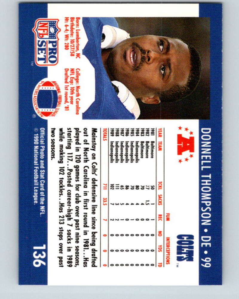 1990 Pro Set #136 Donnell Thompson Mint Indianapolis Colts Image 2