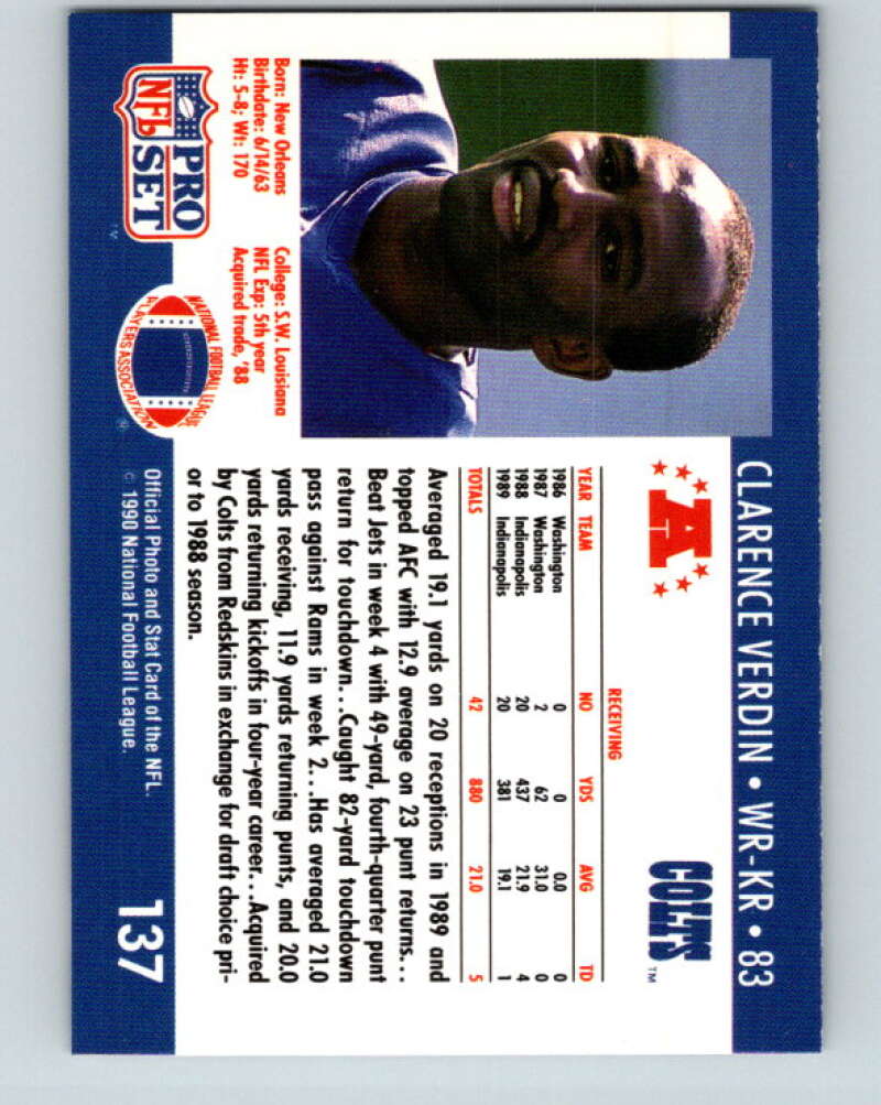 1990 Pro Set #137 Clarence Verdin Mint Indianapolis Colts Image 2