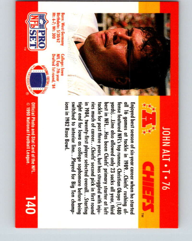 1990 Pro Set #140 John Alt Mint RC Rookie Kansas City Chiefs Image 2