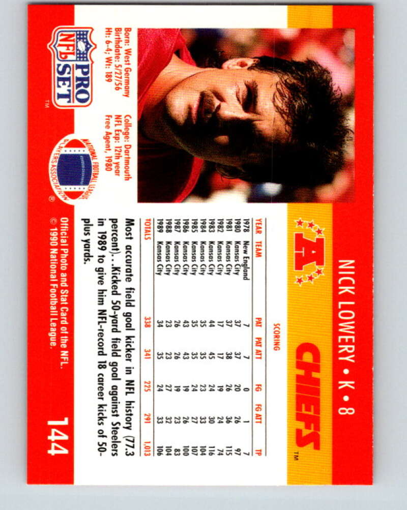 1990 Pro Set #144 Nick Lowery Mint Kansas City Chiefs Image 2
