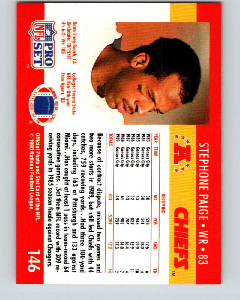 1990 Pro Set #146 Stephone Paige Mint Kansas City Chiefs Image 2