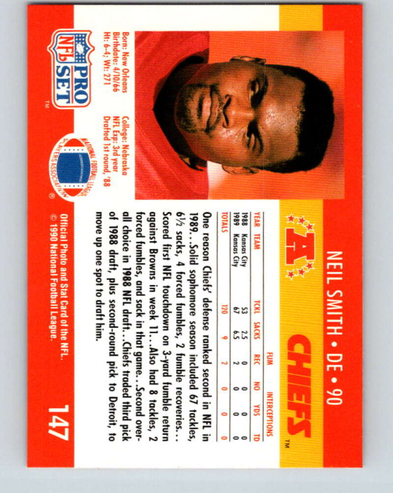 1990 Pro Set #147 Neil Smith Mint Kansas City Chiefs Image 2